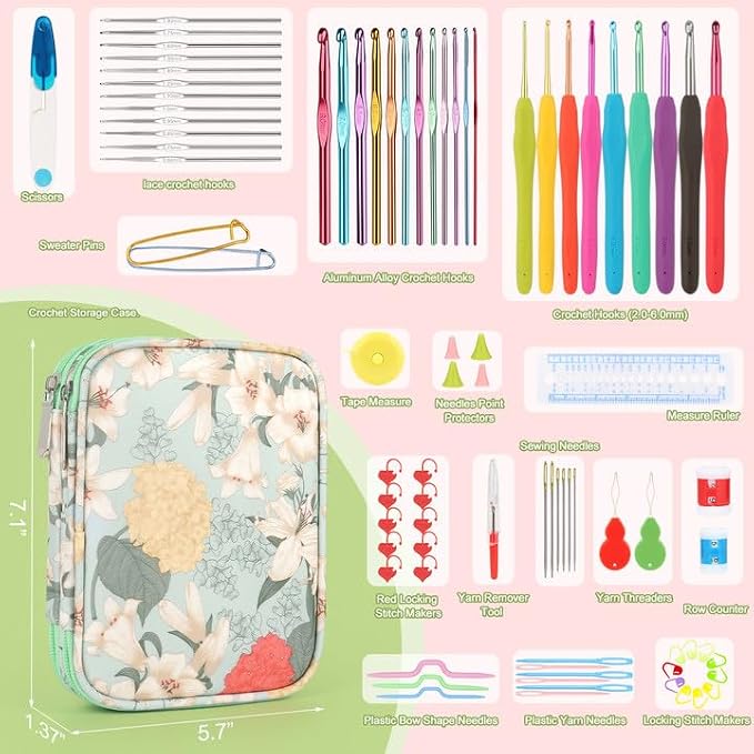 Katech 85 pcs Crochet Hooks Kit Knitting Accessories with Crochet Case, Small Sizes Crochet Hooks for Knitting Lace Yarn, Colorful Ergonomic Crochet Needles Set for Making Sweater, Bag and Hat (Green) | 85 Pcs Metal Crochet Hook Kit and Complete Croche...