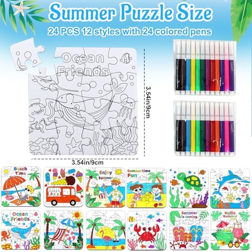 24Set Summer Arts & Crafts for Kids Adults Bulk, Hawaiian Summer Activity DIY Puzzle Kit with Beach Tropical Palm Tree, Luau Ocean Theme Painting for Classroom Party Favors Gift Coloring Game Supplies