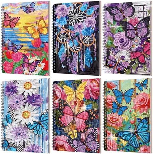 Fullhawl 6 Pack 5D DIY Diamond Art Crafts Kit for Adults Office Supplies Beginner A5 Leather Diamond Painting Gift for Women Art Cover Craft Accessories with Tool (Butterfly Floral)