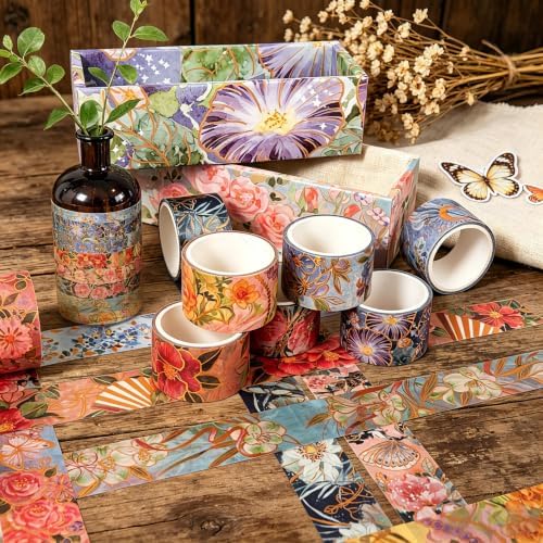 Flowers Washi Tape, 10 Rolls Aesthetic Decorative Foil Masking Tape Set with Gift Box, Decorative Tape for Bullet Journal, DIY Craft, Scrapbook Supplies