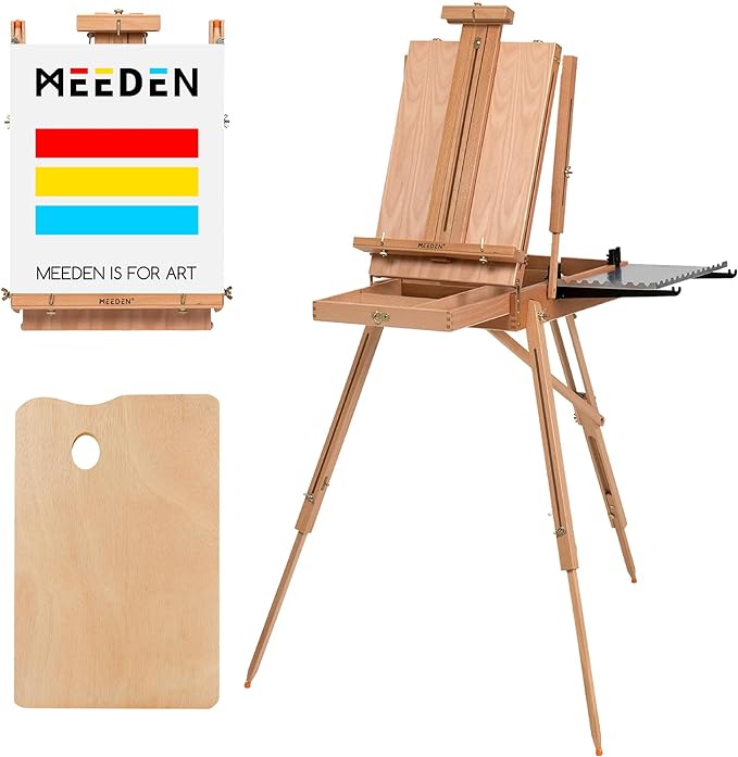 MEEDEN Portable French Sketchbox Art Easel: Foldable Standing Field Easel | Beechwood Travel Easel with Drawer, Palette & Metal Tray, for Adult Artists Watercolor Painting, Holds Canvas Up to 34"