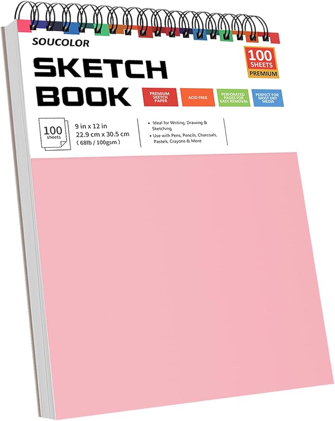 Soucolor 9x12 Sketch Book 2-Pack, 100 Sheets, Acid-Free, Spiral Bound | 68lb acid-free paper,micro-perforated pages,lay-flat spiral binding,ideal for kids, beginners & artists.Pink & purple 2-pack.