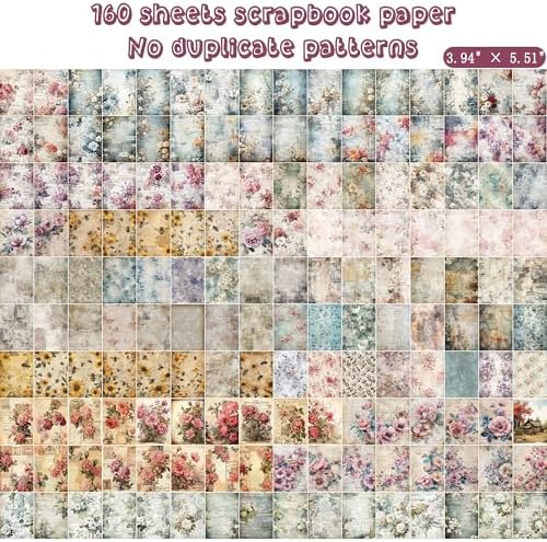 160 Sheets Vintage Flower Scrapbook Paper, Junk Journal Supplies, Purple Pink Flowers with Cursive Script No Repeating Perfect for Junk Journal DIY Cards Craft Albums Scrapbooking Supplies (Purple)