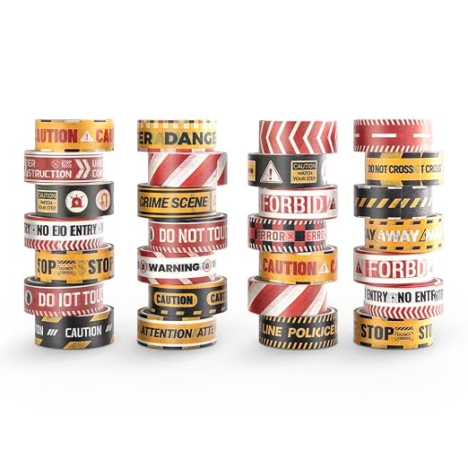 icceemee 30 Rolls Warning line Theme Washi Tape Set, Writable Decorative Tapes for Scrapbooking, Junk Journal Supplies, Bullet Journaling, 0.6"x79" per Roll