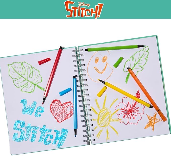 Disney Stitch Sketchbook for Kids with Washable Markers, 86 Blank Pages Spiral Bound, Turquoise