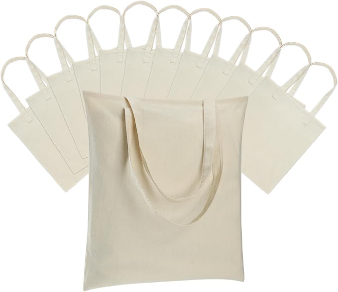 Carbrea 12 Pack Thin Canvas Tote Bags Bulk, Reusable Grocery Bags - Beige | Lightweight, 5oz Natural Canvas, Reinforced Stitches, Blank Design, Ideal for Shopping DIY Sublimation Activity Gift