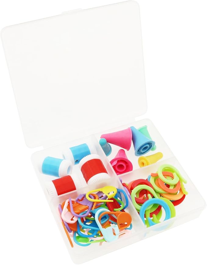 XGNG 1 Box 60PCS DIY Knitting Set Plastic Case Includes a Stitch Counter Needle Caps Commas and Multicolored Markers Needle Tip Protectors for Beginner Knitting Projects