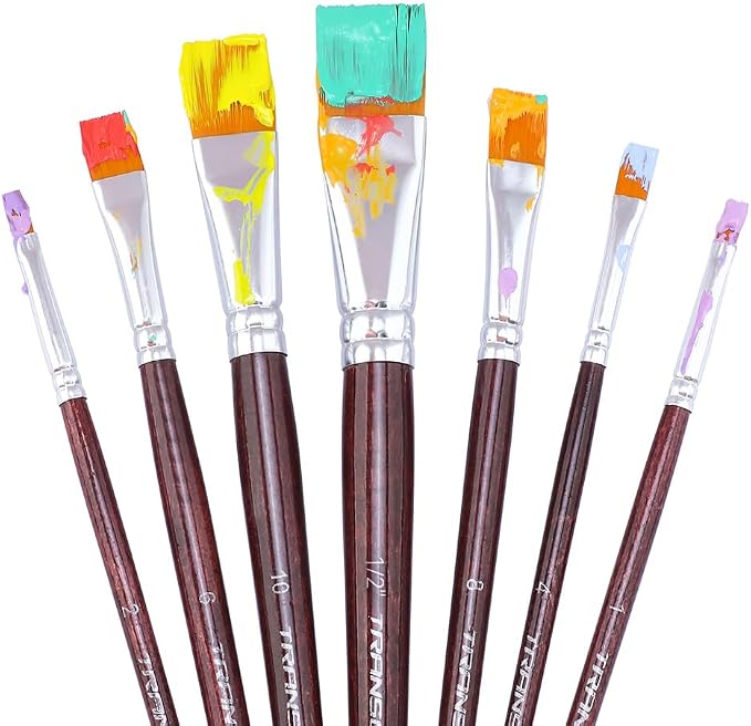 Transon Flat Paint Brush Set 7pcs for Acrylic Watercolor Gouache Oil and Body Painting