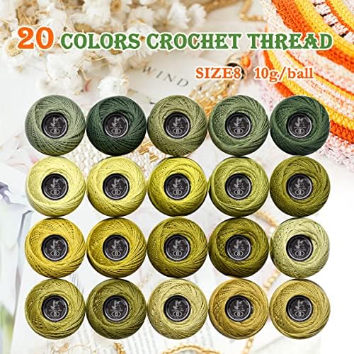 Soft 20 Colors Classic Crochet Thread 20 Pack,100% Cotton (Khaki Green-522-370)