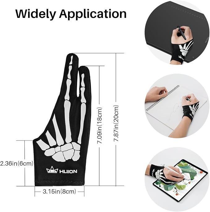 HUION Skeleton Artist Glove for Drawing Tablets, Left or Right Hand | Two-Finger Soft Lycra and Nylon Glove for Tablet Drawing, Monitor Painting and Paper Sketching, Reduces Friction