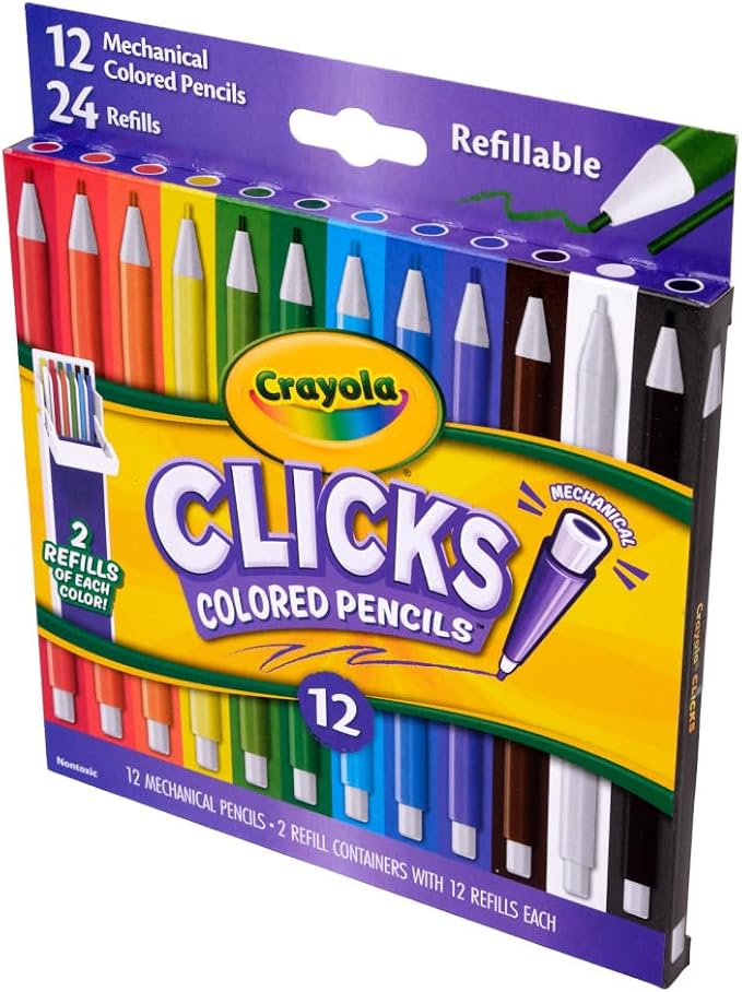 Crayola Clicks 2.0mm Mechanical Colored Pencil Set, 12 Assorted Colors, Coloring Pencils for Kids, No Sharpen, 24 Replacement Cores, Ages 5+