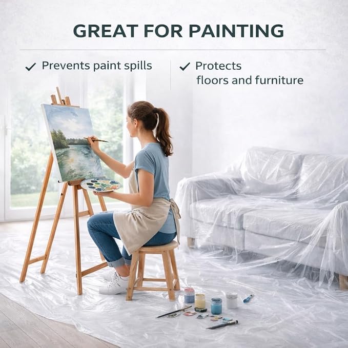 GREEN LIFESTYLE Plastic Drop Cloths for Painting 12 x 9 ft [6 Pack] – Waterproof Paint Drop Cloth, Plastic Sheets Floor Cover, Disposable Tarp for Furniture Protection, Remodeling and Moving
