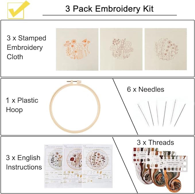 Uphome 3 Pack Embroidery Starter Kit for Beginners Stamped Cross Stitch Kits with Cute Flowers and Plants Patterns with 1 Embroidery Hoop and Color Threads for Adults Kids