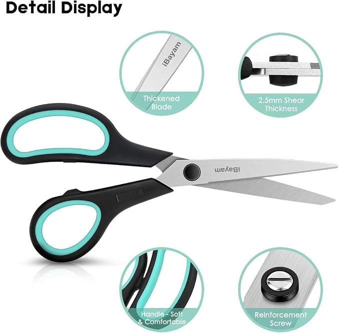 iBayam 8.5" All Purpose Sharp Black Scissors, Comfort-Grip Handles, 24-Pack | 2.5MM Thick Blade, School Student Teacher Classroom Must Have, Office Desk Home Sewing Fabric Supplies, Right & Left Handed