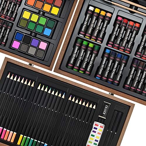 Sunnyglade 145 Piece Deluxe Art Set Wooden Art Box & Drawing Kit Tan