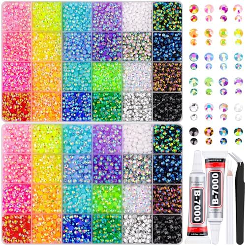 2 Boxes 4mm+5mm Jelly Rhinestones for Bedazzling, 15000Pcs Multicolor Flatback Resin Gems for Crafting, Bedazzler Kit with 2Pcs 10ml B7000 Jewelry Glue for DIY Crafts Book Fabric Decor Nail Art
