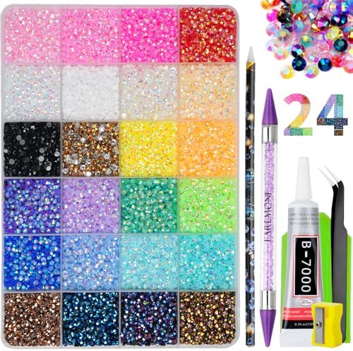 30000Pcs Nail Art Rhinestones, EARLMONI 24 Colors 3mm Flatback Rainbow Gems Resin Jelly Rhinestones Bedazzling Kit + 15ML Jewelry Glue Nail Rhinestone Picker Tool for DIY Crafts Clothes Shoes Nail Art
