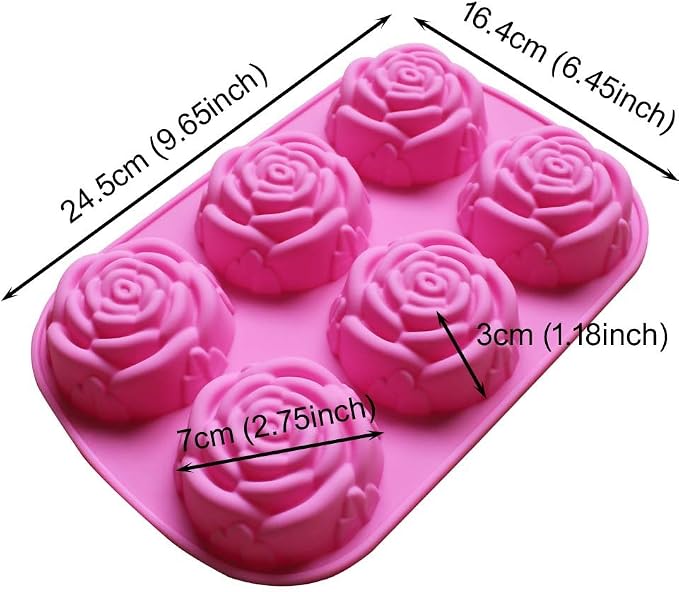 BAKER DEPOT Silicone Mold for Handmade Soap Cake Jelly Pudding Chocolate 6 Cavity Rose Flower Design, Set of 2 Pink