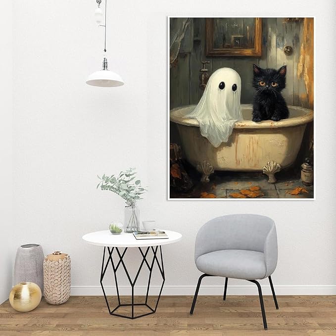 Clendo Halloween Paint by Numbers Kit for Adults, Ghost Oil Painting by Numbers with Brushes, Black Cat Art and Crafts Canvas Kit for Beginner Home Decor 16x20 inch / 40x50 cm