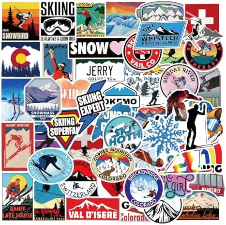 50Pcs Winter Skiing Stickers,Cartoon Skiing Stickers Colorful Vinyl Waterproof Decals for Water Bottle Laptop Luggage Helmet Skateboard Snowboard Guitar Scrapbook Phone Gifts