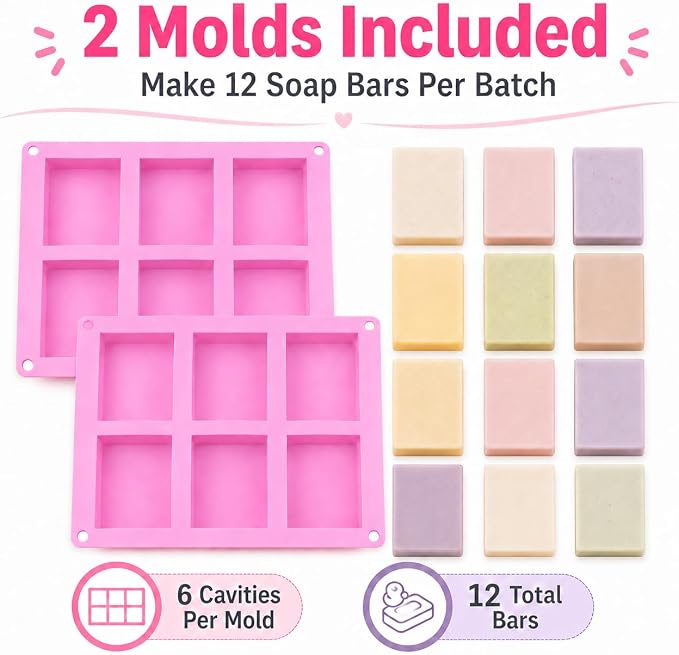 Old Fashion Soap Bar Mold Silicone 2 Pack – Rectangle 6 Cavity Soap Making Mold for Homemade Soap Bars (Flexible Nonstick Easy Release)