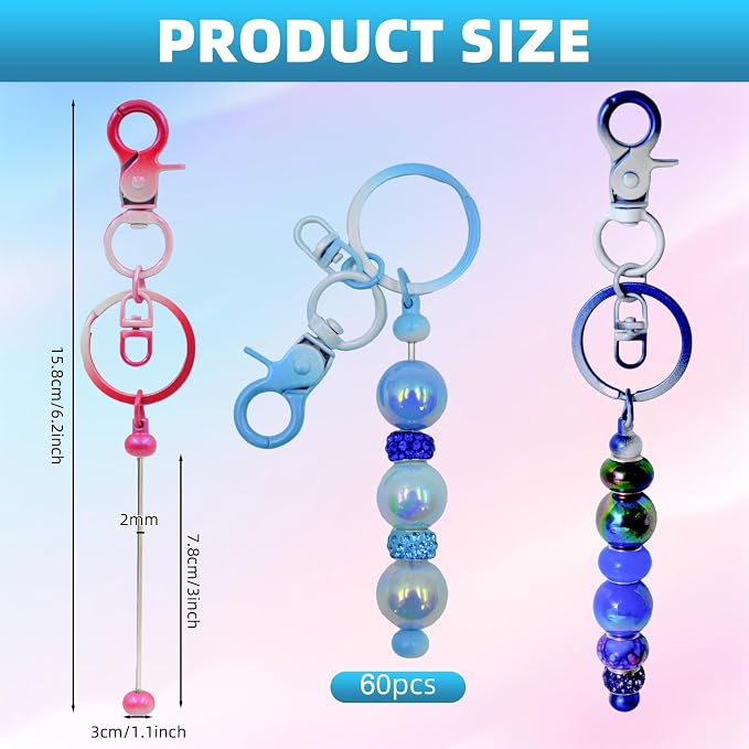 DNLEGULI 60 Pcs Beadable Keychains Bulk Kit – DIY Keychain Making Supplies with Metal Blanks for Crafts, Jewelry, Charms, Custom Projects – Blank Chain Bars for Beaded Keychain Design (Gradient)