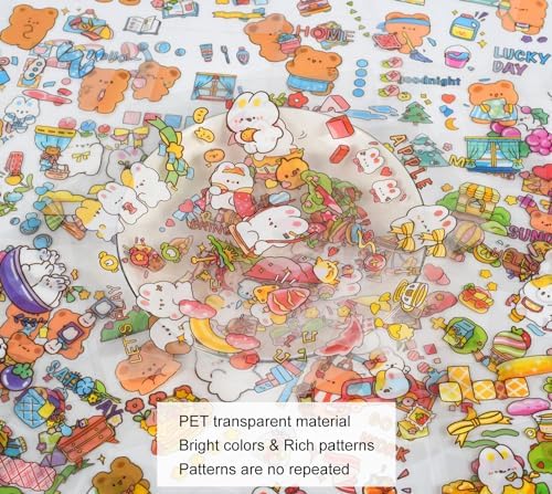 Cute Cartoon Animals Scrapbook Stickers - 100 Sheets Kawaii Aesthetic Transparent Sticker for Journaling Planner Album Calendars Notebook DIY Craft Decorations