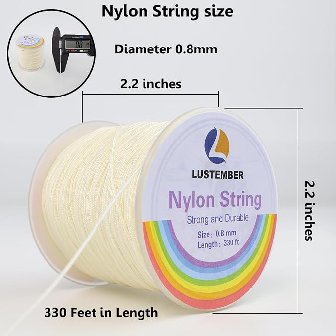 LUSTEMBER 0.8mm Nylon String, Strong Bracelet String, Durable Nylon Cord for Jewelry Making, Bracelets, Beading, Necklaces, Rattail Braiding, Kumihimo, Wind Chimes, Blinds and Handicrafts