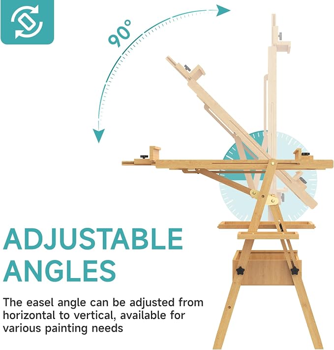 Solid Beech Wood H-Frame Easel with 2 Palette and Storage | Professional Foldable Studio Art Easel Stand with Signature Box for Adults, Holds Canvas Art up to 48"