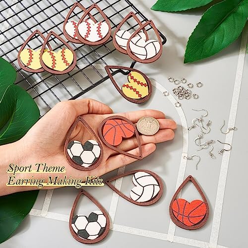 20pcs Sport Ball Earring Making Kits Football Basketball Rugby Wooden Charms 5 Styles Sport Ball Earring Pendants with Ear Hooks Jump Rings for DIY Jewelry Hanging Ornament Making