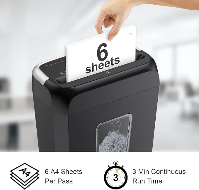 Bonsaii 5-6 Sheet Cross Cut Paper Shredder for Home use, 3.4 Gal Bin | P-4 Security Level, Shreds Credit Cards, Staples & Paper Clips, with Portable Handle, Small Shredder for Home Office