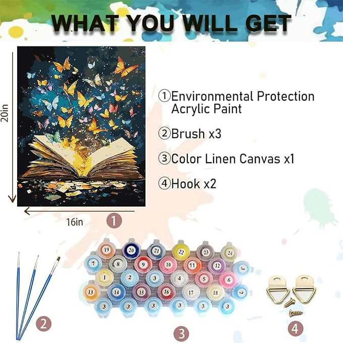 TCDZMYGS Book Paint by Numbers Kit for Adults Beginner,Butterfly Adult Paint by Number Kits on Canvas Without Frame,DIY Acrylic Oil Painting by Numbers Kits for Home Wall Decor 16x20 inch