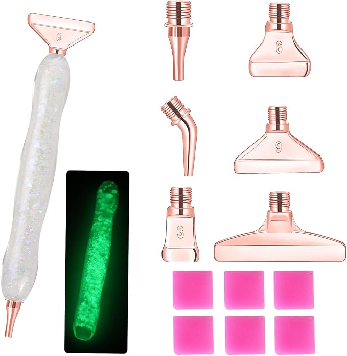 Snewvie Diamond Painting Pen Accessories Tools Set,1PCS Luminous Diamond Art Pen and 6Pcs Rose Gold Metal Screw Thread Multi Placer Tips,Diamond Painting Drill Pens for DIY Diamond Art