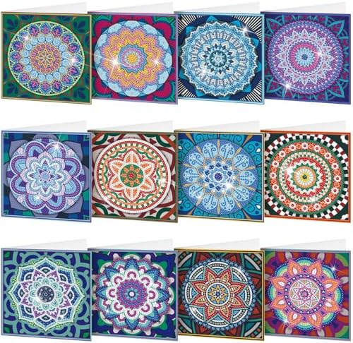 Saillong 12 Pack Mandala Diamond Painting Greeting Card Kits DIY Diamond Art Cards with Envelopes Flower 5D Rhinestones Painting Kits for Adults DIY Crafts Family Friend Birthday Gifts