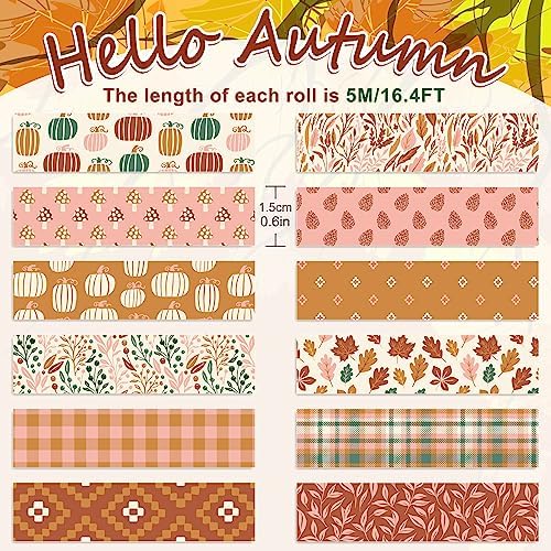 Whaline 12 Rolls Fall Pumpkin Washi Tape Autumn Leaves Boho Washi Masking Tape Thanksgiving Pumpkin Maple Leaf Print Decorative Craft Tapes for Fall Scrapbook Gift Wrapping DIY Art Crafts, 16.4Ft