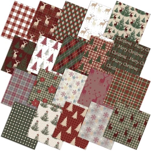 HunnmingRe 20 Pcs 10''x10'' Christmas Woodland Quilting Fabric Square Vintage Plaid Precut Quilted Fabric Bundle Reindeer Poinsettia Patchwork Supplies for Winter Handmade DIY Craft Sewing Material