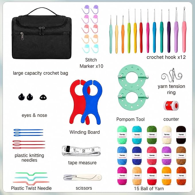 Yarniss Crochet Kits with Yarn,Beginners Crochet Kit for Adult,Black | 1120 Yards Yarn&12 Size Ergonomic Crochet Hooks 0.8~8.0mm,Learn to Crochet with Step by Step Video Tutorial
