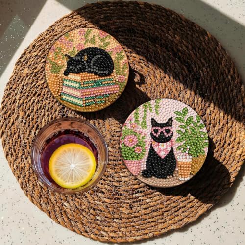 CRZMODE 8 Pcs Black Cat Diamond Art Coasters Kits, Diamond Painting Coasters with Holder Set of 8, DIY Cat Art Crafts Supplies for Adults Cup Mat House Warming Gifts Non-Slip