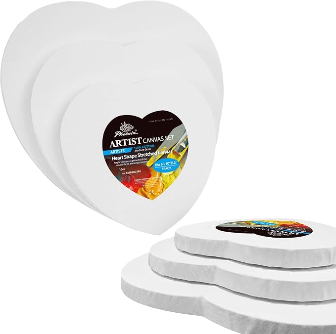 PHOENIX Heart Canvases for Painting - 8, 10, 12 in (2 of Each) - 100% Cotton 10 Oz Triple Primed White Blank Acid-Free Artist Shaped Stretched Canvas for Oil, Acrylic Painting Decoration