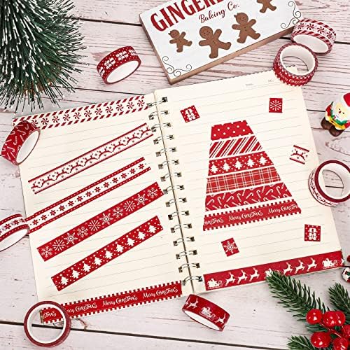 Whaline 12 Rolls Christmas Washi Tapes Red White Decorative Tape Assorted Xmas Patterns Holiday Masking Tapes for Christmas Scrapbook Journal Calendar DIY Craft Gift Wrapping, 16.4ft x 0.6