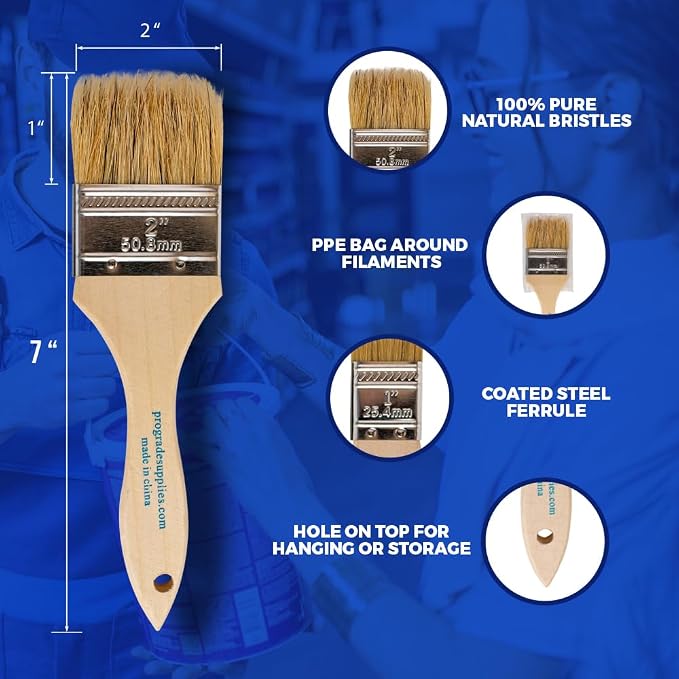 Pro Grade 2" Chip Brushes, Disposable Paint Brushes, for Paint, 96 Pack | Natural bristle, wood handle | Bulk Pack | For Stain, Glue & Epoxy | Cabinets, Furniture, Fences