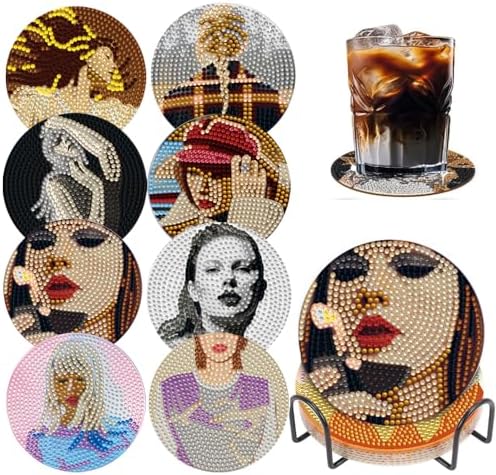 8 PCS Singer Diamond Art Coasters Kits, Pop Star Diamond Painting Coasters with Holder Set of 8, DIY Drink Coasters Art Crafts Supplies for Adults Cup Mat for Home Decor House Warming Gifts Non-Slip