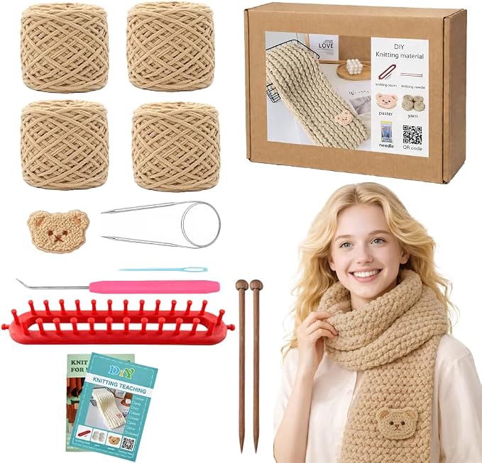 Novelchet Scarf Knitting Loom Kit for Beginners with Plush Yarn Khaki
