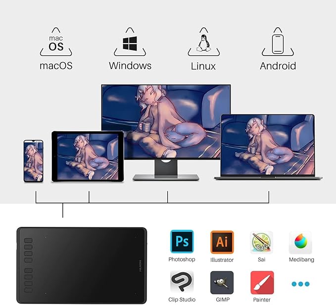 HUION Inspiroy H950P 8x5 inch Drawing Tablet 8192 Pen Pressure | 8 Hot Keys, Battery-Free Stylus, Tilt, Android Support, Graphics Tablet for OSU, Animation, Painting, Art, Photo Editing