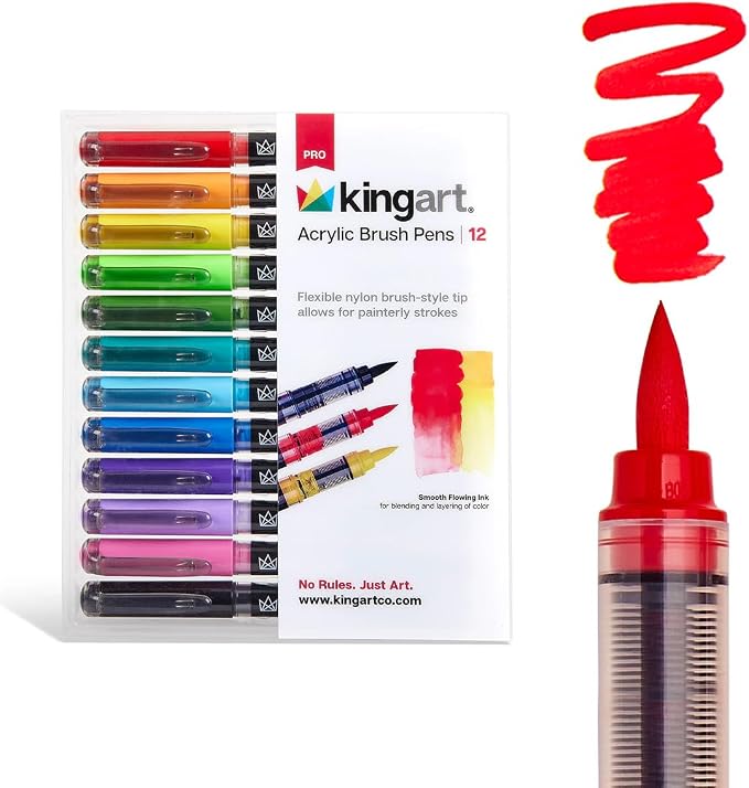 KINGART Acrylic Paint Markers Brush Tip, 12 Vibrant Colors. Water-based, no-bleed, waterproof pens with automatic ink control for rock, egg, wood, fabric, glass & DIY crafts