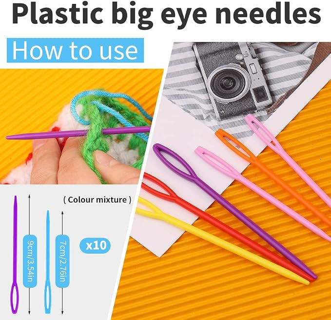 FTEVEN 45PCS Knitting Loom Hooks Set, Large Eye Bent Tapestry Needles | Colorful Plastic Large Eye Needles, Knitting Loom Needles with Knitting Needle Markings for DIY Handicrafts