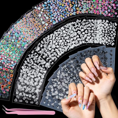 Teenitor 50 Sheets Nail Stickers for Nail Art, Colorful Flower Nail Art Stickers for Kids, 3D Self Adhesive Black & White Flower Fingernail Stickers for Women Girl, Daisy Nail Decals for Spring Summer