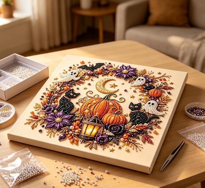 Halloween Ghost Pearl Art DIY Kit, Pearl Painting Kits for Adults, Pearls Diamond Art, Spooky-Cute Design, Fall Home Decor, Wall Art, Adults Craft Kit, 3D DIY Pearl Painting (Pumpkin Cat)