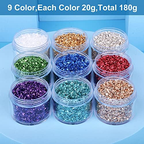 9 Box Broken Crushed Glass Glitter, 6.4oz/180g Irregular Shards Metallic Crystal Chips 2-4mm Chunky Flakes Sequins Gravel for Epoxy Resin Craft Supplies Nail Art DIY