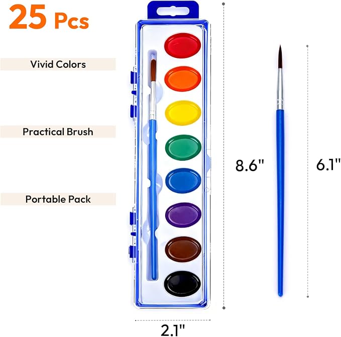 JEAWIWI 25 Pack Watercolor Paint Sets, 8 Washable Colors with Brushes